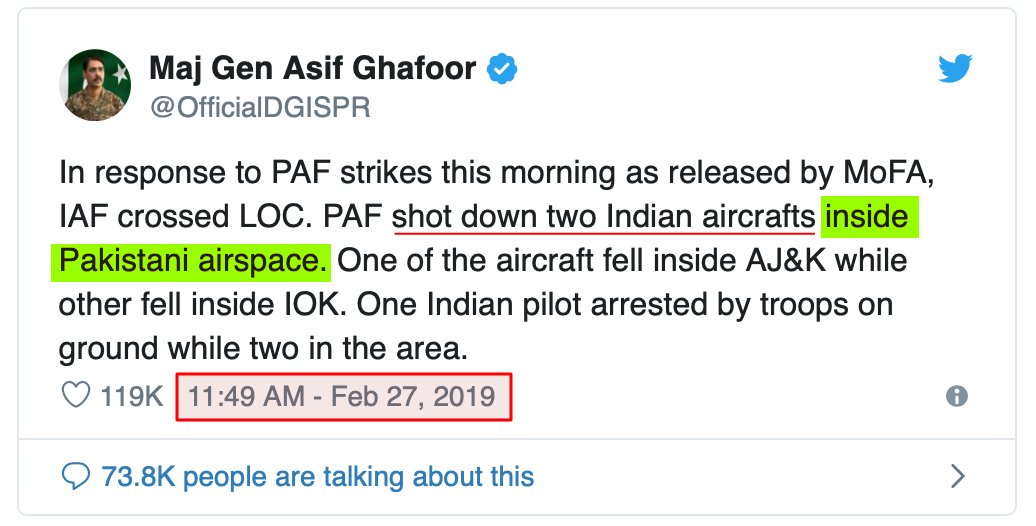 3. Meanwhile Twitter Warrior Gafoor Posted several tweets (now deleted). He claimed of downing 2 IAF jets “inside Pak Airspace” and one fell in Indian Kashmir. Please notice the wordings “shoot inside pak” fell in Indian side. No IAF jets crossed LoC except Mig-21.