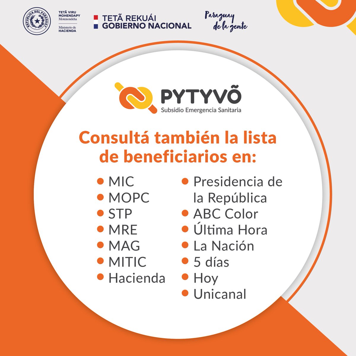MEF_Paraguay's tweet photo. 📢 Recordamos que la lista de beneficiarios del programa #Pytyvõ se encuentra disponible en las páginas de las siguientes instituciones y medios de prensa 👇 https://t.co/TlW6Shpwmv