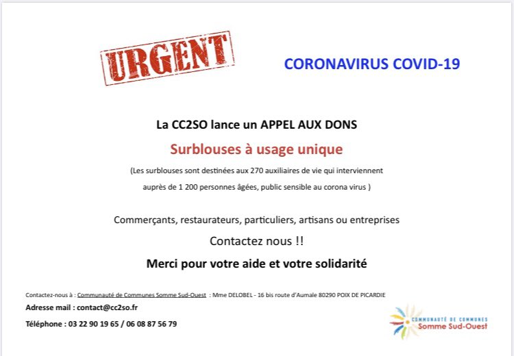 Appel aux dons de surblouses pour la Communauté de communes Somme Sud Ouest. Merci de re-tweeter pour plus de solidarité