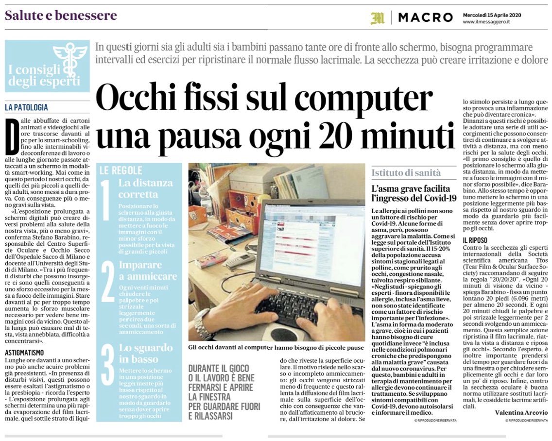 Eyeppl's tweet image. Today in Italy&apos;s @IlMessaggeroit…see our #ThinkBlink campaign! We&apos;re spending a lot of time starring @ #tech &amp;amp; need to give our eyes a rest. Thanks to TFOS Ambassador Dr Barabino for educating the public about the importance of blinking. #dryeye #optometry #ophthalmology #health