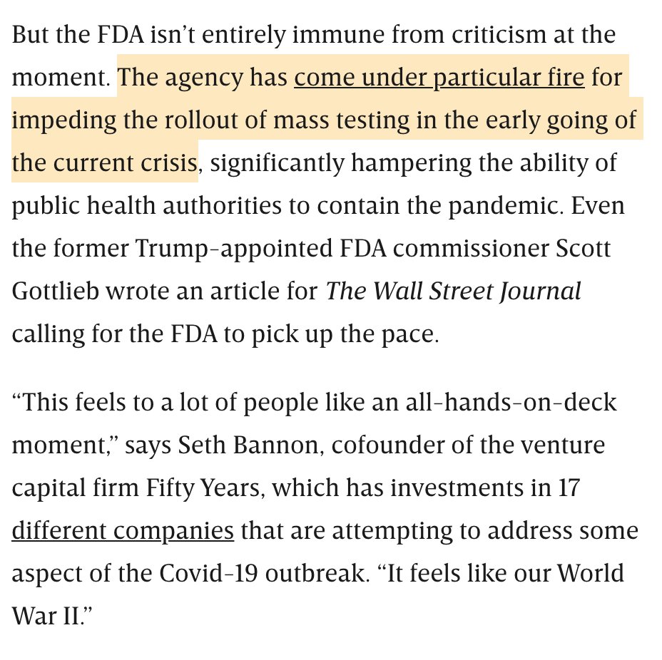 Surprisingly good piece from  @koxinga21 on how FDA roadblocks to rapid development of tests, drugs, and vaccines are finally being re-examined in the light of the coronavirus crisis.So much of what the FDA does is "safety theater", like the TSA. https://www.wired.com/story/chafing-against-regulation-silicon-valley-pivots-to-pandemic/