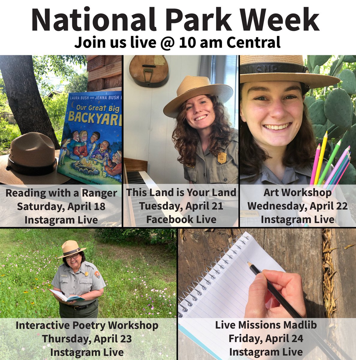 MissionsNPS's tweet photo. Join us LIVE for #NationalParkWeek ! We're offering #NPSLive demos and activities throughout the week on Instagram and Facebook. Enjoy story time, a live performance of This Land is Your Land, Art Workshop with 2019 Artist-in-Residence @sabrabooth2, poetry, & madlibs. #ParksToGo https://t.co/pGuz5VRRkT