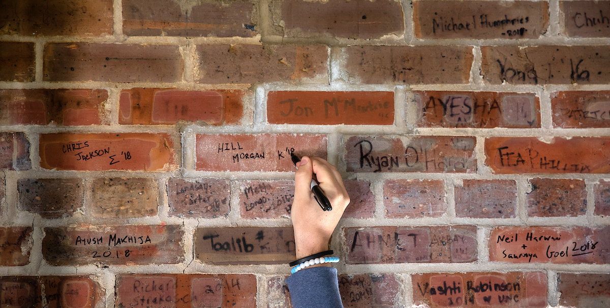 UNC's tweet photo. Today's the day #UNC20 should be climbing the Bell Tower and leaving their mark on this Carolina icon. Unfortunately, it's not possible to grab a Sharpie and write on the bricks today. But we DO want #UNC seniors to sign a brick virtually! ✍️ Here's how: https://t.co/HiVN3nLO95 https://t.co/0UWR0E7mUP