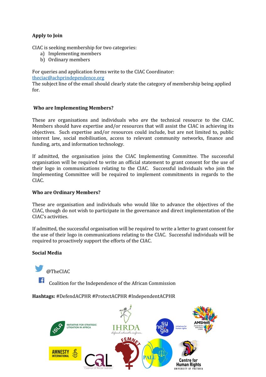 TheCIAC's tweet photo. Open call to join the campaign for an #IndependentACHPR to #DefendACHPR and #ProtectACHPR from the negative implications of #Decision105.
@IAchpr @ISLAfrica @IHRDAfrica @Synergiaihr @CALAdvocacy @AMSHeRorg @amnesty @FemnetProg @LawyersofAfrica @CHR_HumanRights RT & follow us https://t.co/w3SqcluuQL