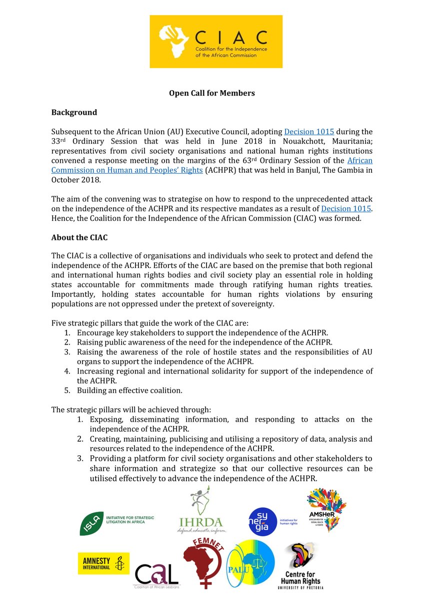 TheCIAC's tweet photo. Open call to join the campaign for an #IndependentACHPR to #DefendACHPR and #ProtectACHPR from the negative implications of #Decision105.
@IAchpr @ISLAfrica @IHRDAfrica @Synergiaihr @CALAdvocacy @AMSHeRorg @amnesty @FemnetProg @LawyersofAfrica @CHR_HumanRights RT & follow us https://t.co/w3SqcluuQL