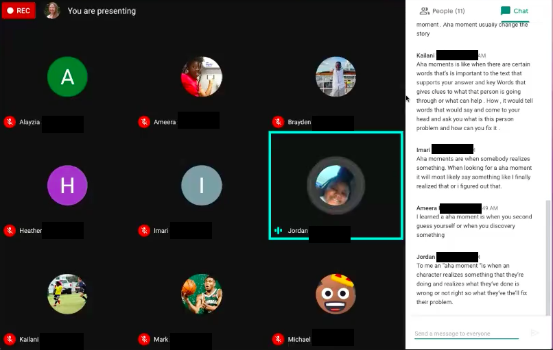MsBlake5th's tweet photo. Best virtual class so far! I had 10 of my 15 @E_B_Ellington Eagles participate in a #NoticeAndNote lesson about Aha Moments. We had good discussion of a text & were able to use the chat feature to reflect on our learning! #Normalish https://t.co/BN2rLaQehE
