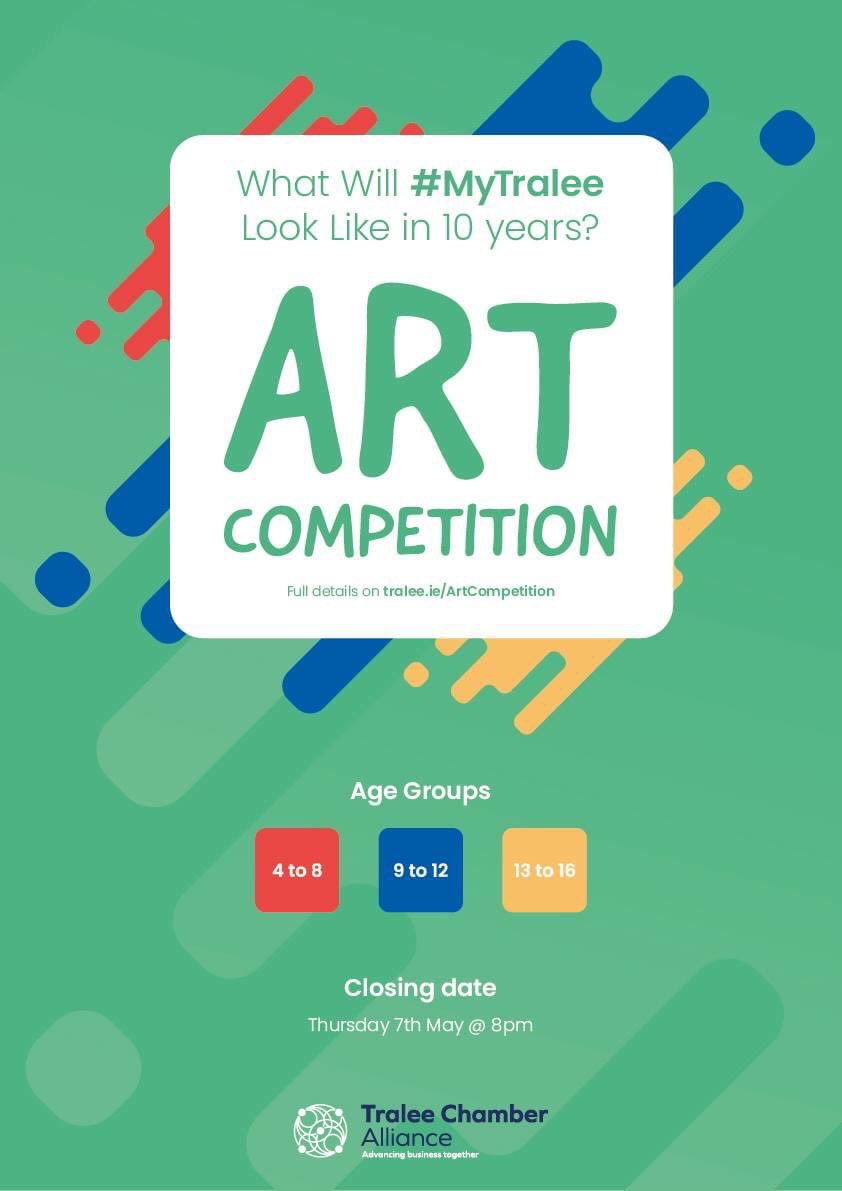 TraleeChamberAl's tweet photo. Something Nice for the Kids!
🎨ART COMPETITION🎨
‘My Tralee’ Art Comp. - Put their imaginations to work and they could win some prizes from local businesses!!
Theme: What will #MyTralee look like 10 Years from now? 🚀 🌊 🌲 👩‍🚀 🌱 
How to enter: https://t.co/BuUsvjzs8c 

#MyTralee https://t.co/qE184YuXlD