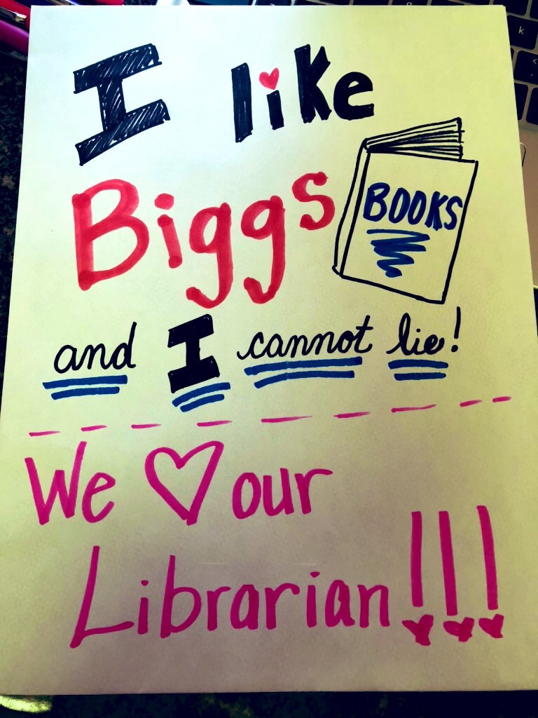 knsbiggs's tweet photo. Milam campus is the best!! They opened our Google meets today with everyone holding up books to wish me a happy National Librarian's Day. Thanks Amy J for the great poster! #iamwfisd #IamMilam #milammemories https://t.co/nppTFVYxsG