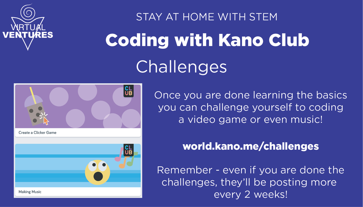 virtualventures's tweet photo. Check out Kano Club - they've unlocked all their club projects while we're all at home! So many great resources to make art, games, music and more with code! #StayAtHomeWithSTEM
https://t.co/P5immeNPSq https://t.co/KIi9XSUUs4