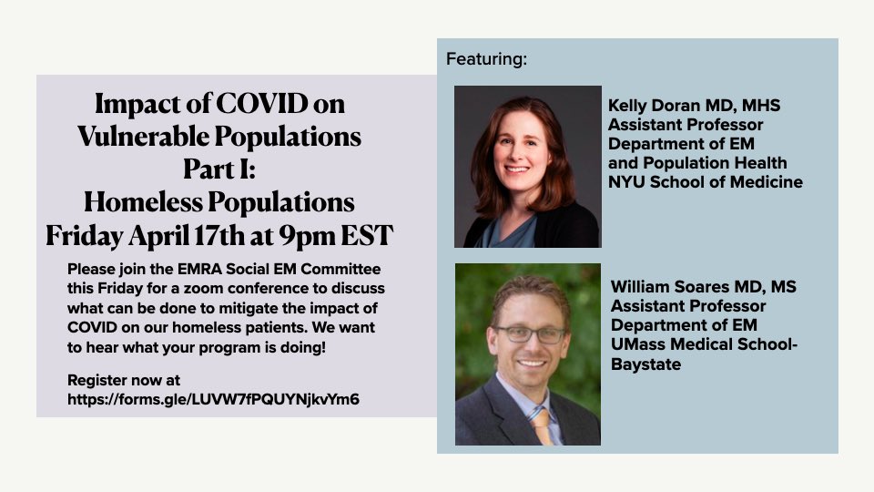SocialEmergMed's tweet photo. We know that #Covid_19 has a huge impact on the lives of people without homes, with aftershocks in the healthcare system. Two leading figures in #SocialEM @KellyMDoran and @BillSoaresIII will lead a national conversation thru @emresidents with @TehreemRehman &amp; @FlashGordonEM https://t.co/v97kmxcFHZ