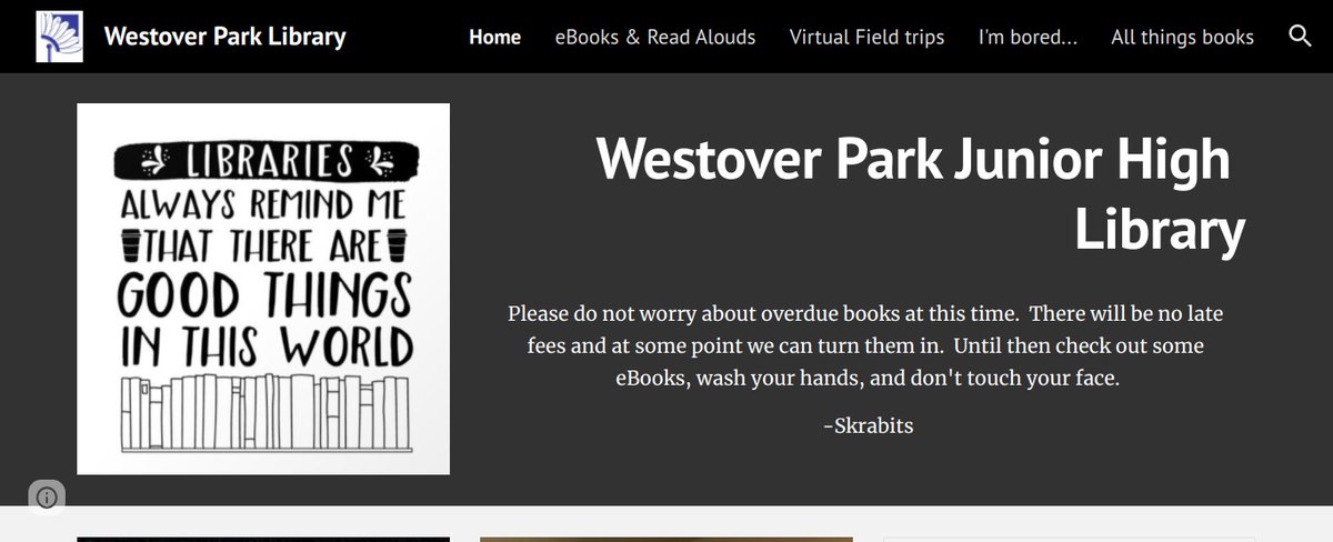 MrsTHinders's tweet photo. @WestoverParkJH Loving the book flood created for our school@home. Read alouds by our 8th grade #wplitladies and special guests plus all the free resources posted by our own @skrabits! #CISDRocks https://t.co/2zmlNgKhWm