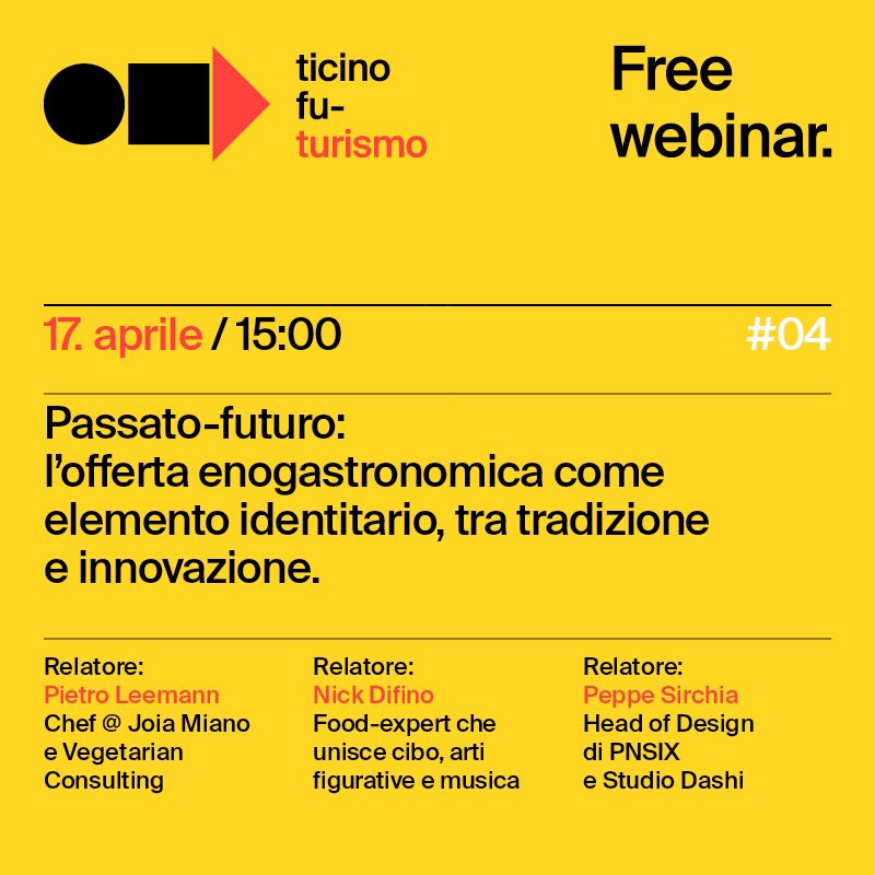 Ed ora il gran finale! Con tre ospiti d'eccezione che ci parleranno di enogastronomia tra tradizione e innovazione.
Maggiori informazioni e iscrizioni: fu-turismo.ch