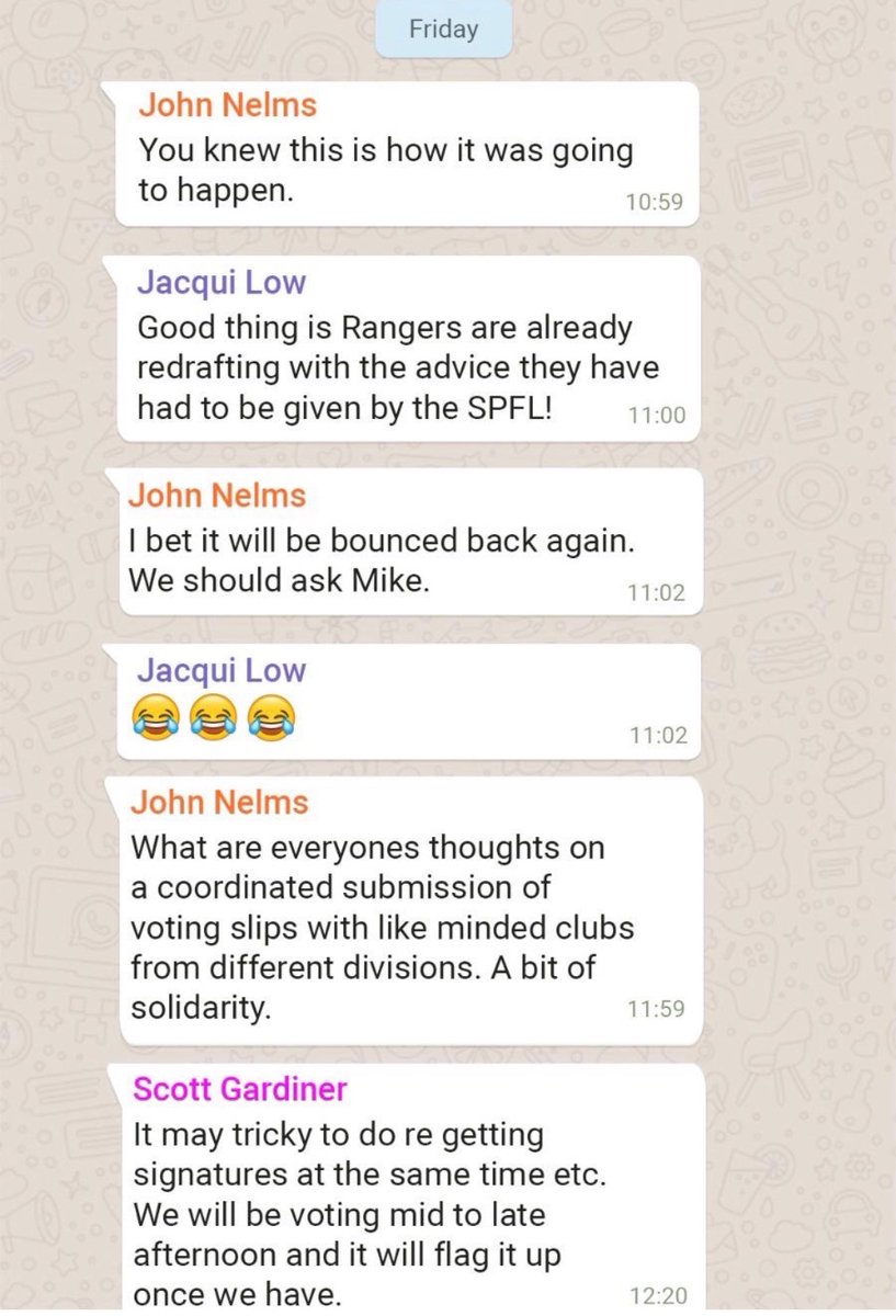 Nick_Russell__'s tweet photo. WhatsApp chat between John Nelms (Dundee,) Scot Gardiner &amp; Ross Morrison (Inverness) and Gerry Britton &amp; Jacqui Low (Partick Thistle) over Thursday and then Friday (voting day) of last week. @4ladshadadream @MarkConfusion @ibroxrocks @EstConsultancy @HeartsRant https://t.co/t8xp7Mv0Yv