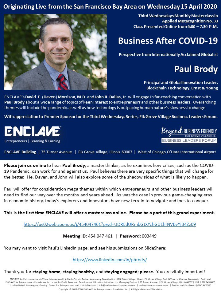 JohnRDallasJr's tweet photo. Tonight, from 6:00-7:15 (#Chicago time), followers of this #Twitter page are welcome to join @daven_md and me as we co-moderate a lively discussion with @EY_Growth’s Paul Brody — for our 33rd monthly #masterclass in #AppliedMetacognition; our first online! https://t.co/mer9CVwa84 https://t.co/wDY1hiXjiT