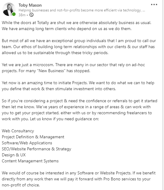 tobiasmason's tweet photo. While the doors at Totally are shut we are otherwise absolutely business as usual. We have amazing long term clients who depend on us as we do them. (read more on LinkedIn)

https://t.co/64gA3i5kZi https://t.co/WwioP09l1d