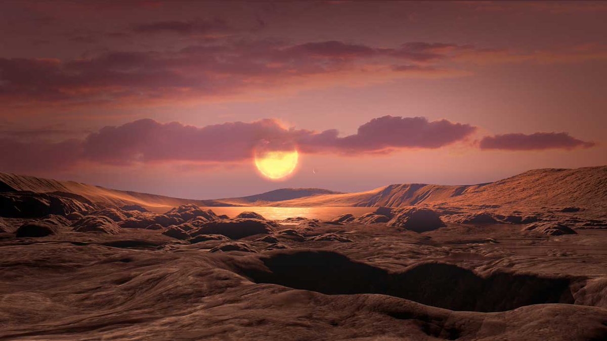 an artist's illustration of a rocky planet surface beneath a large star near the horizon