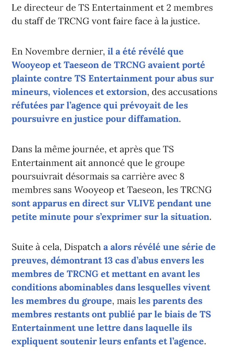 TRCNGFrance's tweet photo. 🌐
→ 200415, #TRCNG #TSENT

« Le directeur de la TSEnt et 2 membres du staff vont être poursuivis en justice pour abus sur mineurs »

©: @TRCNG_official @K_GEN_france
ⓣ: #티알씨엔지 #kgen  
🇫🇷: @TRCNGFrance, Areum https://t.co/bndV4I0rbb