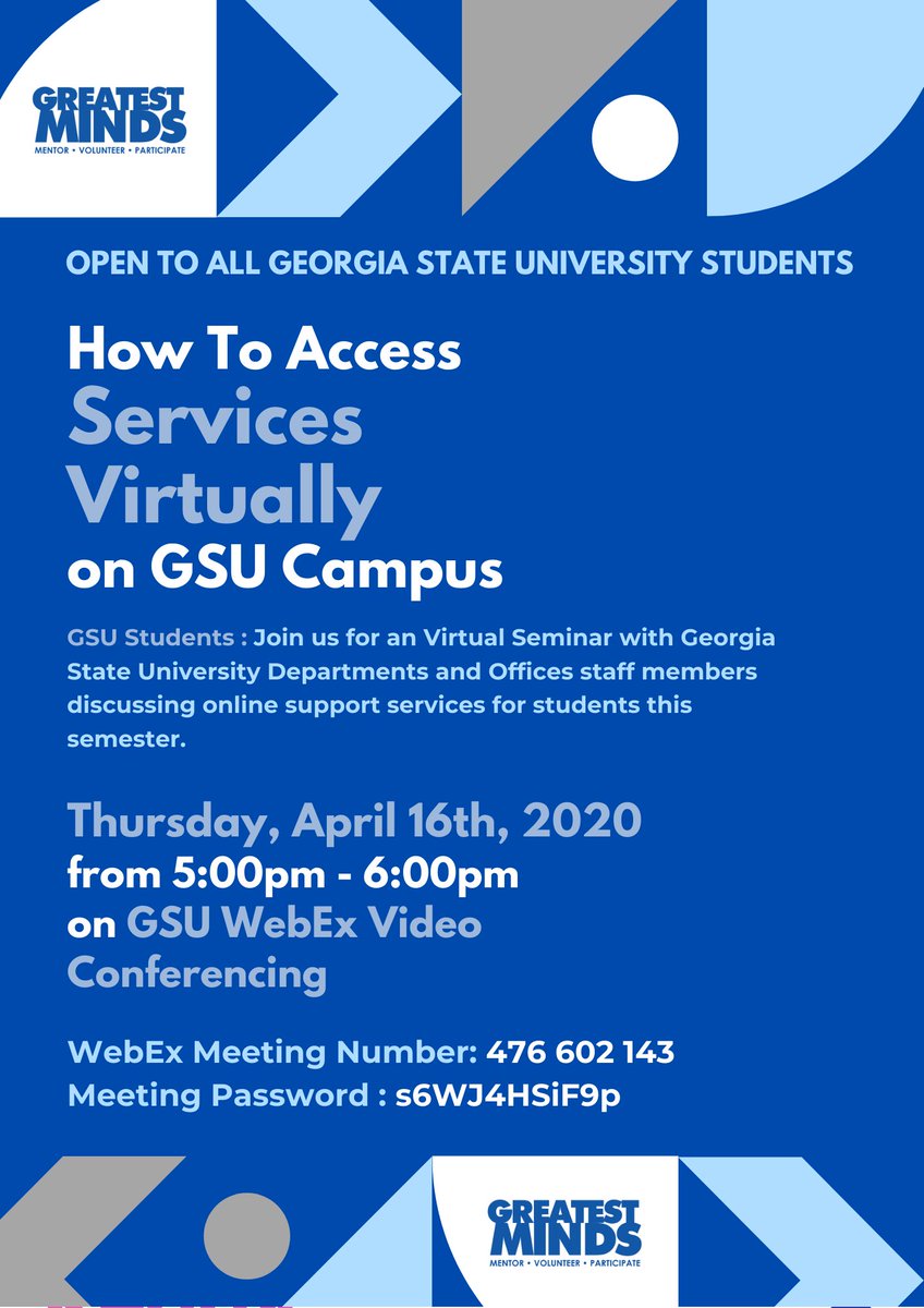 GSUWriting's tweet image. Hey, #Panthers! Need help adjusting to the #virtualcampus? Check out this #webinar by GSU's Greatest MINDS Society happening tomorrow at 5pm!
