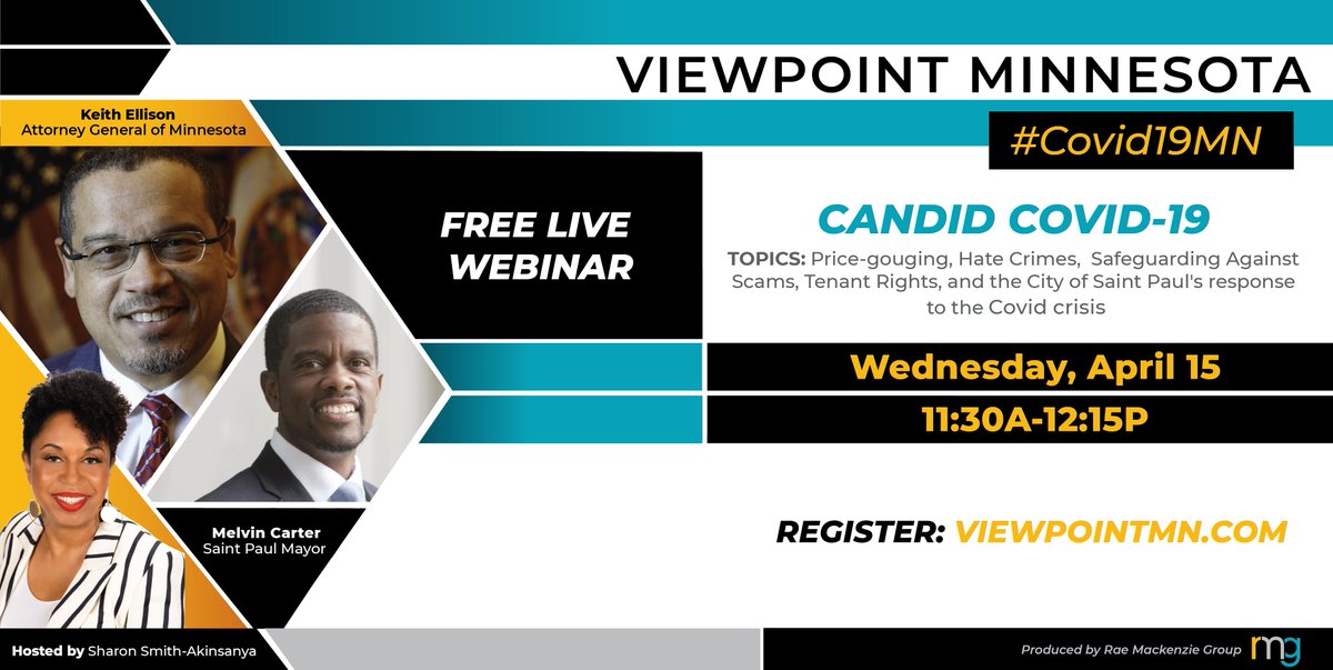 rmgcorp's tweet photo. TODAY's LIVE #ViewPointMN is going to address some serious issues that COVID-19 has presented for Minnesotans. Attorney General @keithellison & @cityofsaintpaul Mayor @MayorCarter will be our guests!
It's not too late to register! https://t.co/W1Jdt1Gp3S
#Minnesota #Wednesday https://t.co/cxsvNgDSmt