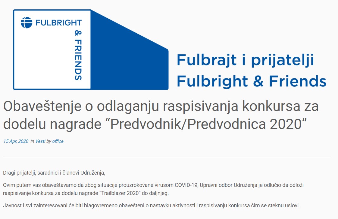 fulbrightsrb's tweet photo. VAŽNO OBAVEŠTENJE:

Zbog situacije prouzrokovane virusom COVID-19, Upravni odbor Udruženja je odlučio da odloži raspisivanje konkursa za dodelu nagrade “Trailblazer 2020” do daljnjeg.

Više na linku: https://t.co/bQeWwsg8QM https://t.co/66TZj1Ck3S
