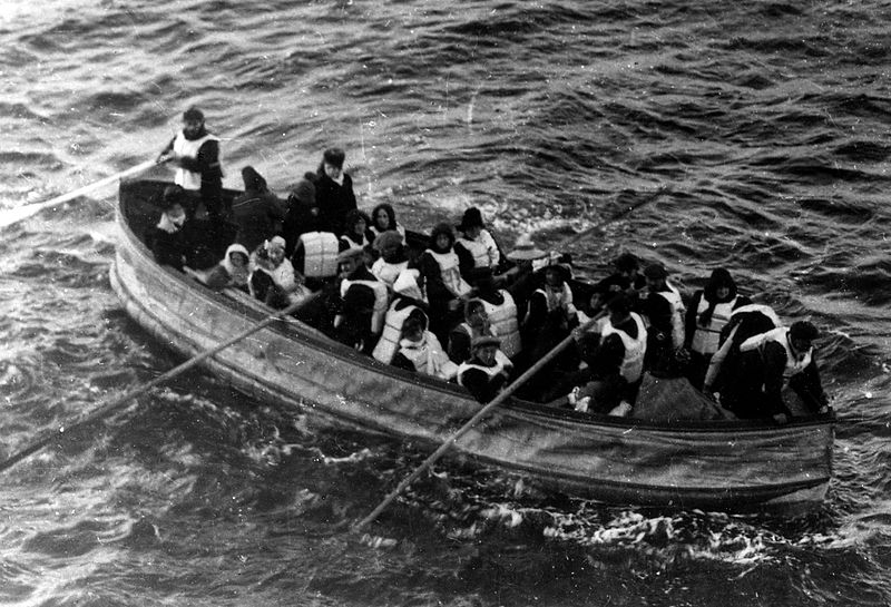 'Survivors were rescued around 04:00 by the RMS Carpathia, which had steamed through the night at high speed and at considerable risk'Photo: Collapsible lifeboat D photographed from the deck of Carpathia on the morning of 15 April 1912.