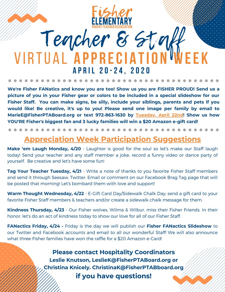 FisherElemPTA's tweet photo. April 20th kicks off our (virtual) Teachers &amp; Staff Appreciation Week! PTA has something planned for our great Fisher team each day but we need the most critical component! Our Fisher Families!  Visit https://t.co/263loDrKO4 for additional details! https://t.co/QrPAYSDSzl