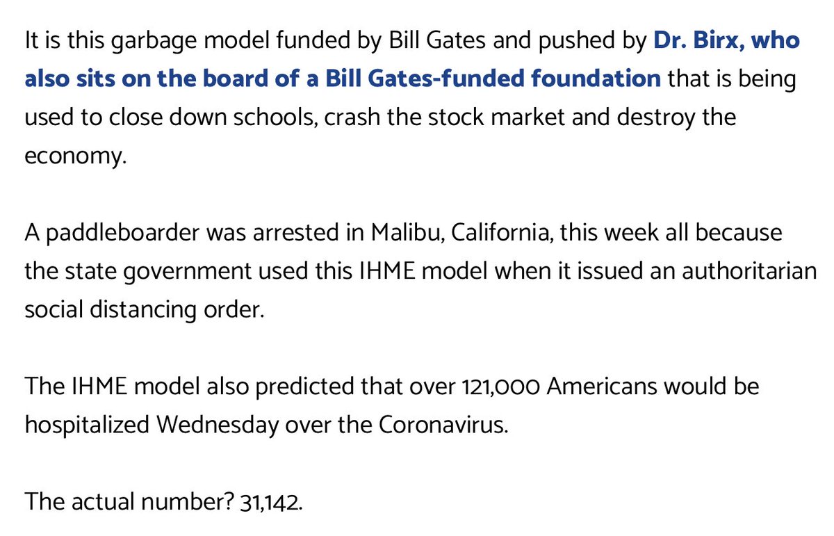 dmills3710's tweet photo. Bill Gates Funded IHME Coronavirus Model Wrong; Pushed by Dr. Birx, Who Also Sits on Board of a Gates-Funded Foundation▫️ 

21,000 ICU Beds Projected in NY - 4,100 Used on 4/4/20

@POTUS 
https://t.co/5TERAhi48a https://t.co/jvoI2tRh65