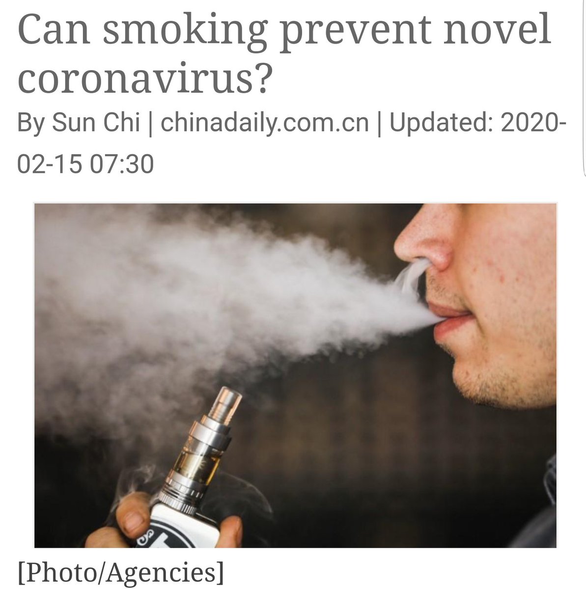 March 23rd warning issued by the WHO saying that tobacco smokers were at severe risk from the coronavirus against a barely noticed article published on 15 February in Communist China titled “Can Smoking Prevent Novel Coronavirus?”. https://www.chinadaily.com.cn/a/202002/15/WS5e472d79a310128217277b8e.html