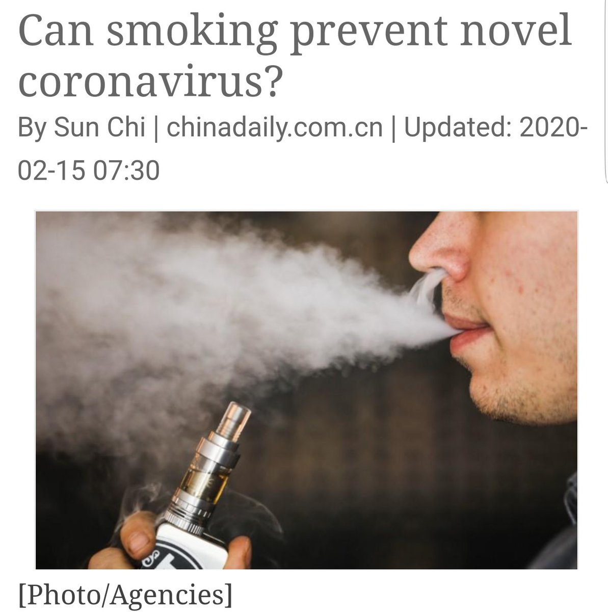 March 23rd warning issued by the WHO saying that tobacco smokers were at severe risk from the coronavirus against a barely noticed article published on 15 February in Communist China titled “Can Smoking Prevent Novel Coronavirus?”. https://www.chinadaily.com.cn/a/202002/...