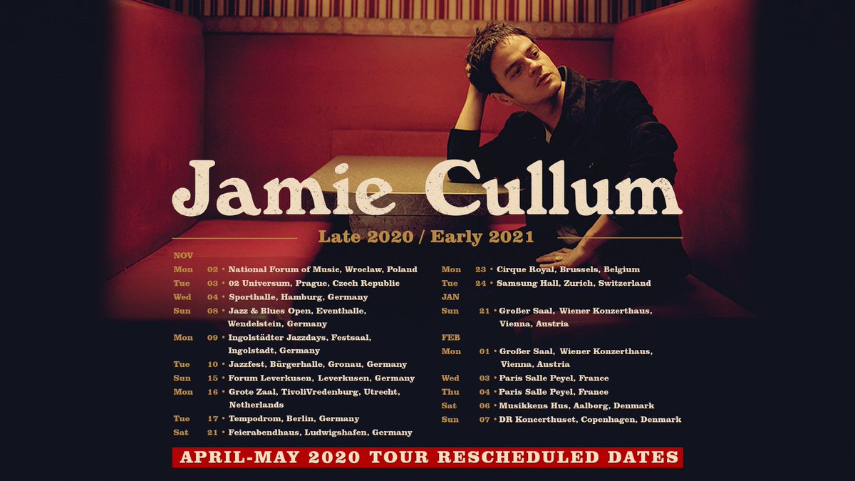 Due to the current health crisis we are all facing these are the new European tour dates for <a href="/jamiecullum/">Jamie Cullum</a> 🎶 Stay safe all.