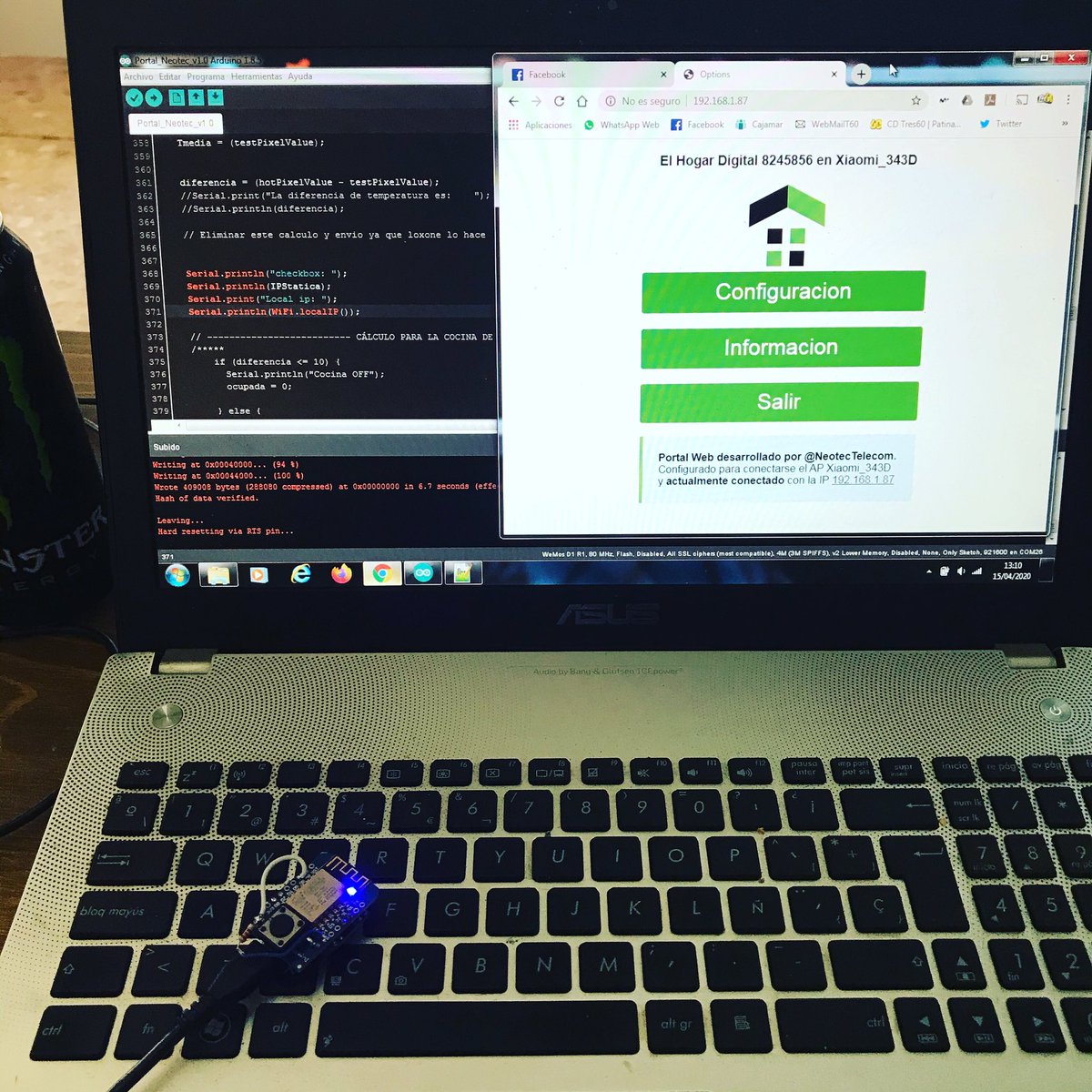 AlmeriaArduino's tweet photo. Aprovechando un poco en estos días de confinamiento dedicando un rato al portal web de @elhogardigital 
#almeria #elhogardigital #portalweb #design #esp8266 #sensor #wemos #wemosd1 #sketch #Domotica #Homekit #smarthome #code #webota #neotectelecom #neotec #arduino https://t.co/QVFqsJ9M19