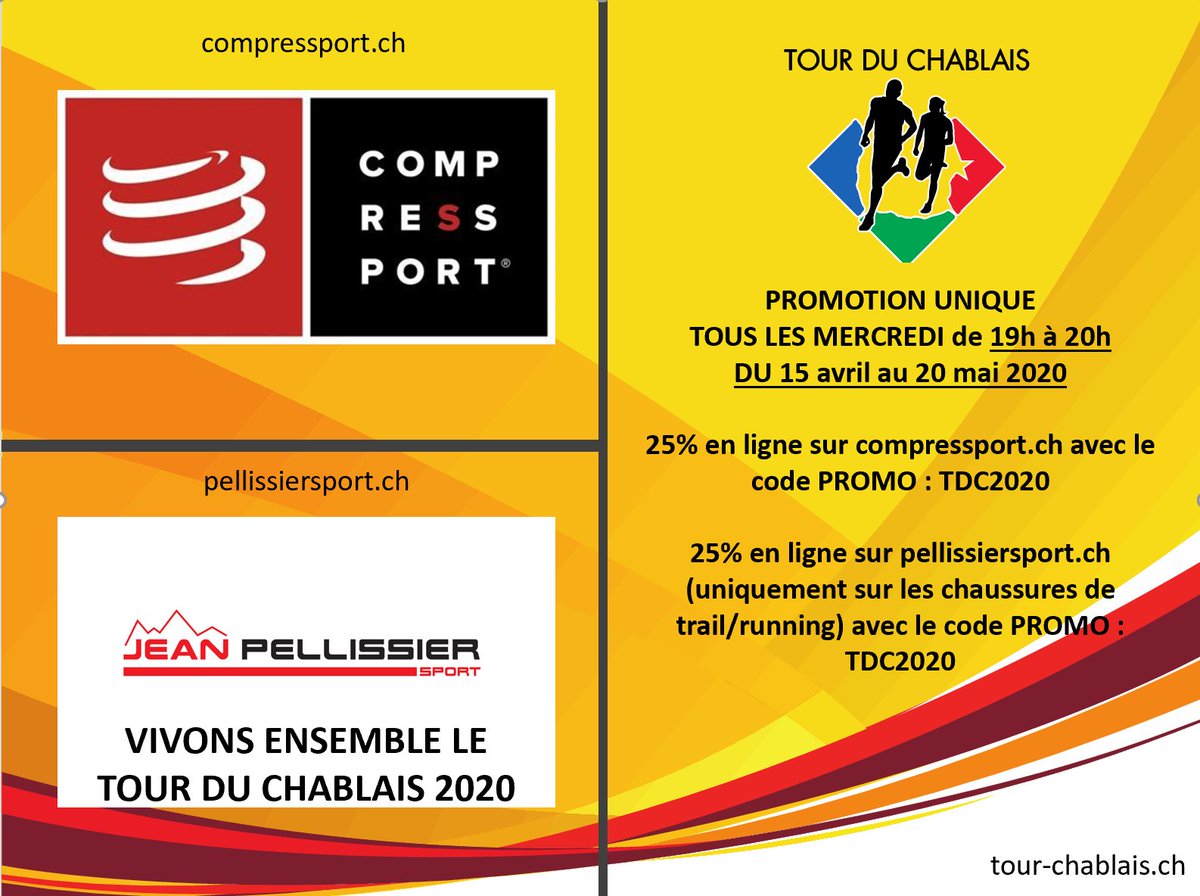 AssoChablais's tweet photo. En clin d’œil au #TourduChablais et à ses étapes du mercredi, notre sponsor #PellissierSport et #CompresSport proposent 25% de #rabais en ligne les mercredis 15, 22, 29 avril et 6, 13, 20 mai de 19h à 20h sur https://t.co/aw93y12ySe et https://t.co/G5LbzjeX0o Code promo: TDC2020 https://t.co/AnBP7wXrek