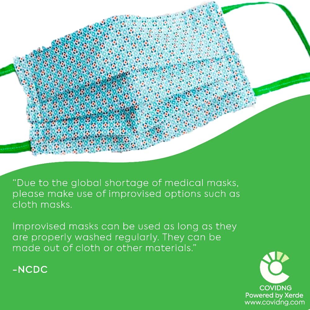 CovidresponseNG's tweet photo. A message from NCDC
‘Due to the global shortage of medical mask, please make use of improvised options such as cloth mask...’ #covidresponseng #LockDownDiary #BookWorm #Day19ofLockdown #WhatILearntDuringLockDown https://t.co/u7xZscJknL
