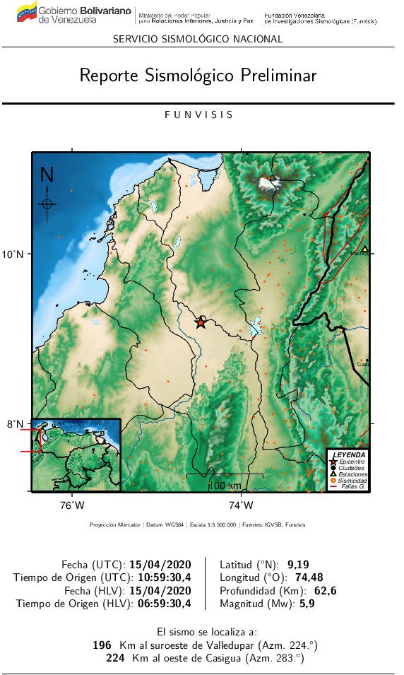 FUNVISIS's tweet photo. @Funvisis
#SismoSentido
2020/04/15 06:59
Mag (Mw): 5.9
Prof: 62.6 km
Epicentro: 
Lat 9.191 N 
Long 74.478 O
196 Km al suroeste de Valledupar https://t.co/5dBjvZD2k9