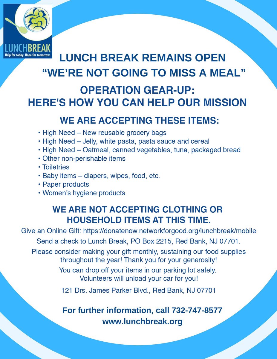 Donation hours: 9 a.m.-2:30 p.m. Monday to Friday and 9 a.m.-12:30 p.m. Saturday. We are in need of masks, gloves, canned tuna and rice. We are currently stocked with enough jelly and reusable grocery bags. To make a contribution: donatenow.networkforgood.org/lunchbreak/mob…
Thank you! #whywebreak