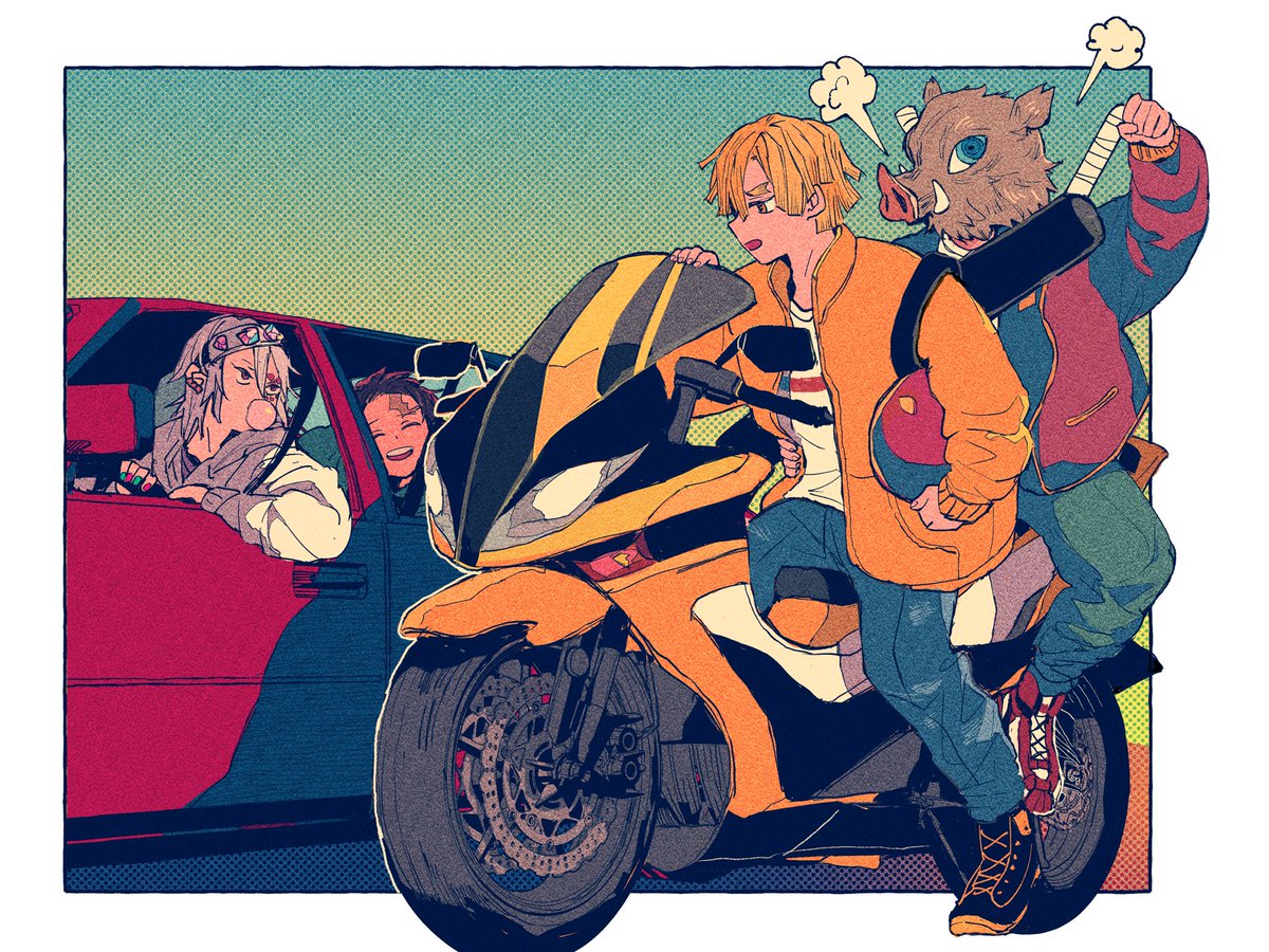 motor vehicle ground vehicle blonde hair multiple boys chewing gum bubble blowing jacket  illustration images