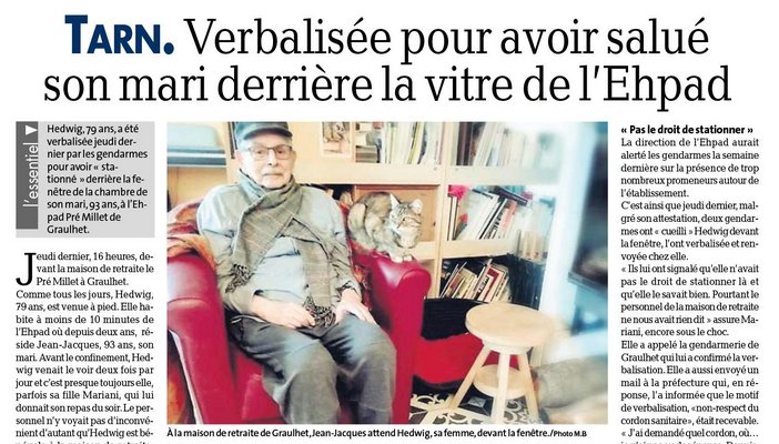 On ne pouvait plus dire adieu à nos proches qui meurent. On ne peut désormais plus dire bonjour à ceux qui sont en vie. Même derrière un mur et une fenêtre. #revoltant 
#confinement #EHPAD #coronavirus #tarn