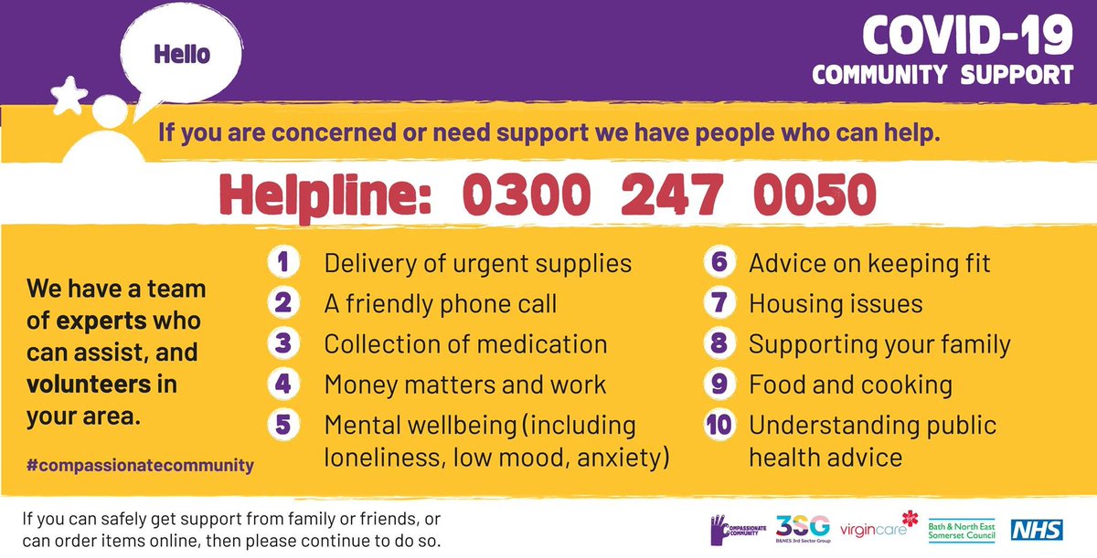 Did you know? If you are a  provider of health or care services in BaNES and you have a resident who is need of support, but do not require medical or clinical response, you can call this number to access support. #YouAreNotAlone

@VirginCare <a href="/bathnes/">Bath & North East Somerset Council</a> #CompassionateCommunit