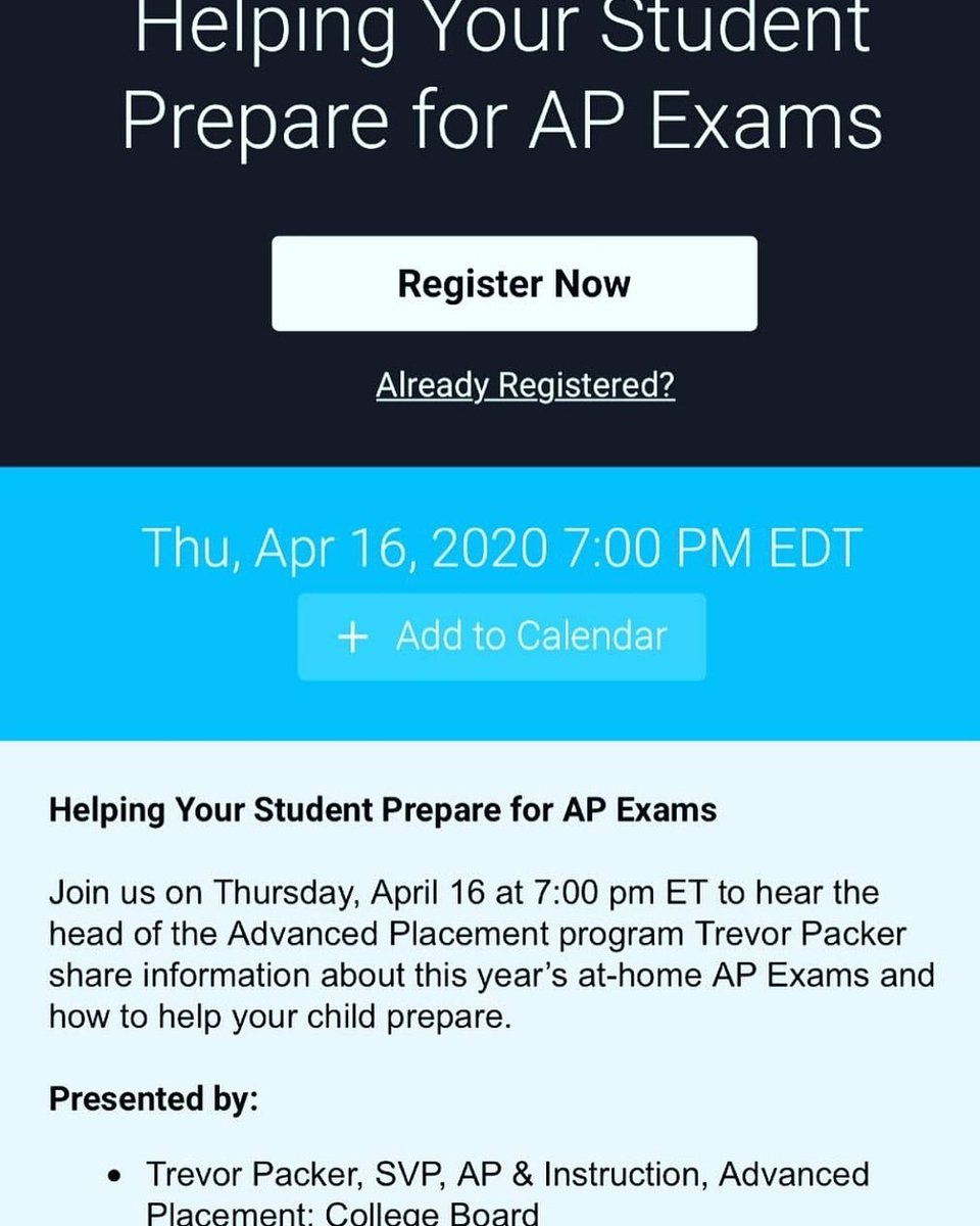Liz12A's tweet photo. Attention @MDCPS Parents of AP students! Register and participate in tomorrow’s informational webinar so you can learn about your child’s upcoming AP exam. #collegebound @CollegeBoard #WeGotThis #MDCPSLearns https://t.co/HmdzazHjtL
