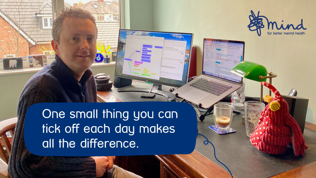 MindCharity's tweet photo. 'Having a proper lunch break and eating my lunch in a different room from where I am working helps to break up my day a bit.'

 Our top tips on working at home during the pandemic – from how to get into the zone to re-defining the work-life balance.  https://t.co/02TgmENEIg https://t.co/rqy4fpVqnj