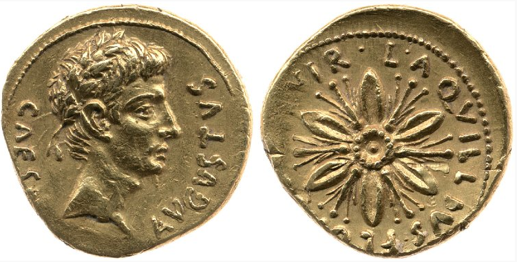 Ancient Coin of the Day: An aureus of ca. 18 BC, a lovely example of a moneyer's coin, carrying the magistrate's name, Lucius Aquillius Florus, on the Reverse.  #ACOTD Image: RIC 1 Augustus 308