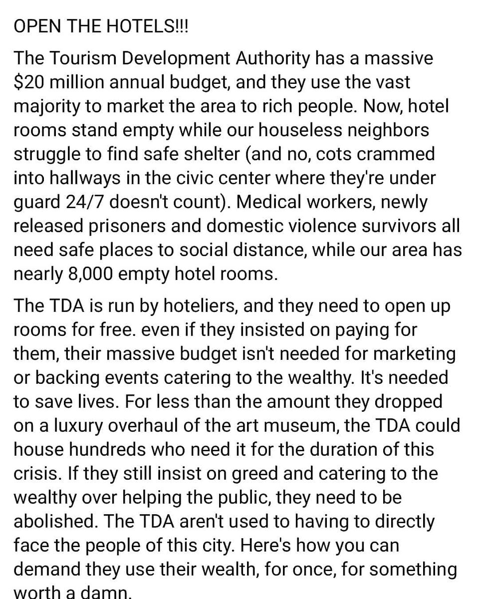 Tourism Development Authority has been spending county money to build it& #39;s hotels but won& #39;t use hundreds of empty rooms as shelter for breaking frontline medical workers, folks escaping domestic violence or houseless ppl? Shame on TDA! Open The Hotels!