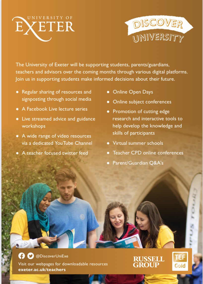 DiscoverUniExe's tweet image. The Discover University programme will host a variety of sessions using our Facebook platform. Follow our page to receive notifications and details on how to take part. facebook.com/DiscoverUniExe