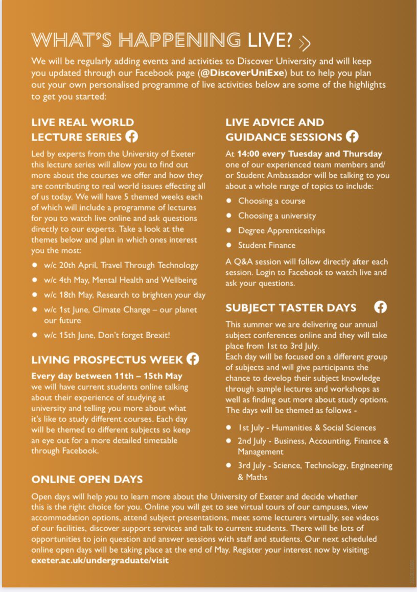DiscoverUniExe's tweet image. The Discover University programme will host a variety of sessions using our Facebook platform. Follow our page to receive notifications and details on how to take part. facebook.com/DiscoverUniExe