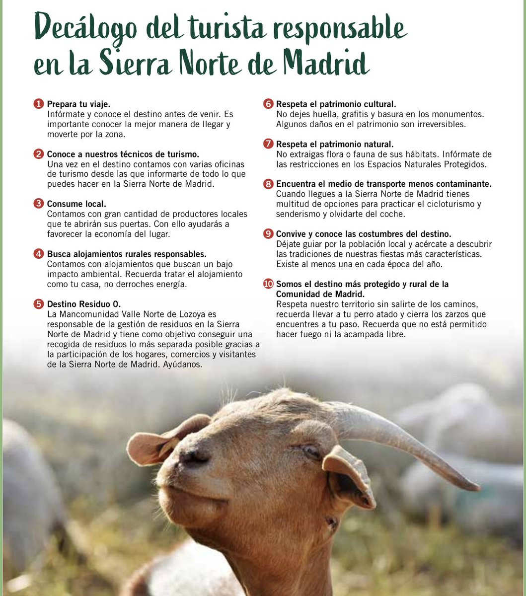 🎒DECÁLOGO DEL TURISTA RESPONSABLE
EN LA SIERRA NORTE DE MADRID🥾
Desde la #SierraNortedeMadrid creemos que estamos ante una oportunidad para aumentar el compromiso con lo local y de tener un mayor respeto a la naturaleza.
¿Como lo ves tú? <a href="/agrotravel/">Turismo Responsable</a> @TurismoMadrid