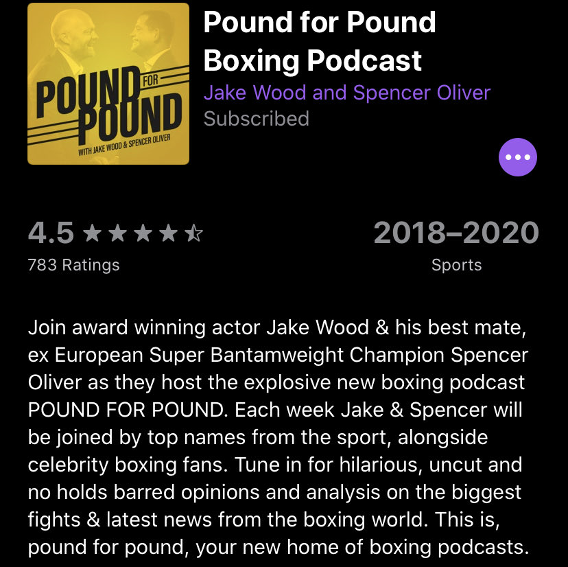 Boxing Podcasts: @SkySportsBoxing for all boxing news,  @IFLTV for all exclusive interviews with the people in boxing and my favourite is  @PoundPodcast from  @mrjakedwood  @SpencerOliver who bring stories from anyone involved - boxers, promoters, trainers, cut men etc  #boxing