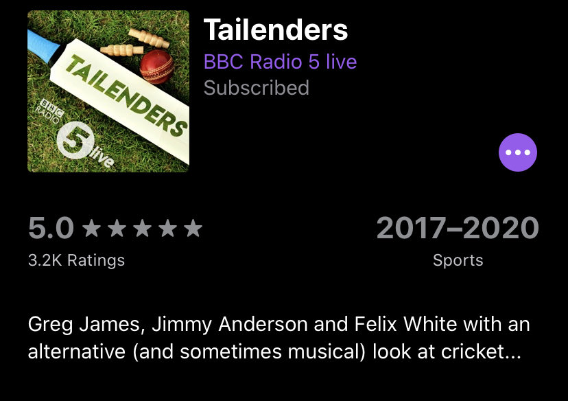 Cricket Podcasts: @SkyCricket &  @Cricket_TS for news and discussion.  @gregjames &  @jimmyanderson9 ‘s  @bbc5live Tailenders pod for an alternative view on cricket  #Cricket