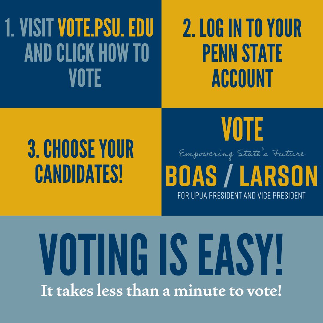 VoteBoasLarson's tweet photo. Penn State!!🔵 Voting is EASY. Visit https://t.co/dyO8Qs6BUF NOW and cast your vote!! #VoteBoasLarson 🔵🟡🔵🟡 https://t.co/joiYeNh516