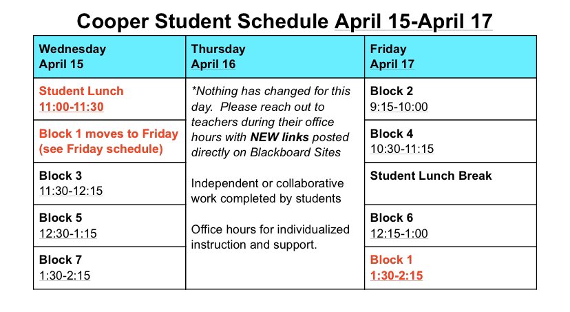 CooperMS_FCPS's tweet photo. Good morning Cooper students and families! Here is our “Two Hour Delay” schedule and schedule for this week. Please check your @fcpsschools.net email for Blackboard instructions. https://t.co/oS2KbP5RSZ