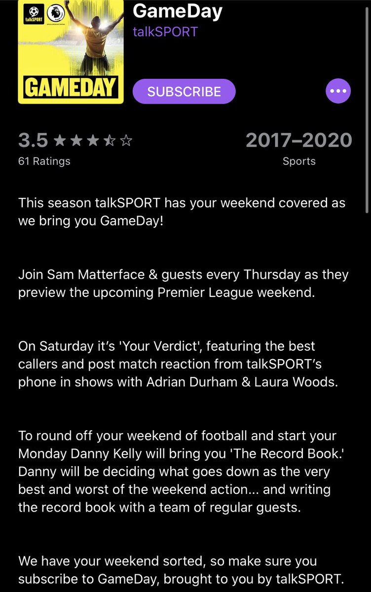 Football Podcasts: @SkySportsPL featuring  @GNev2 and  @Carra23 &  @talkSPORT covering the Premier League’s news and match analysis (when not in lockdown).  @btsportfootball ‘s football writers podcast hosted by award winning journalists and covering everything football  @PL  #football